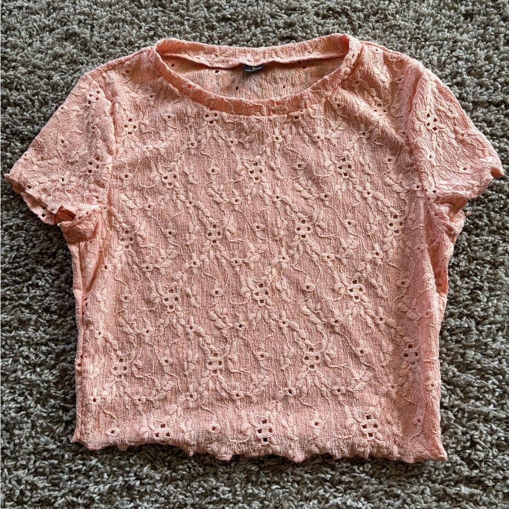 Women's Peach Eyelet Lace Short Sleeve Top